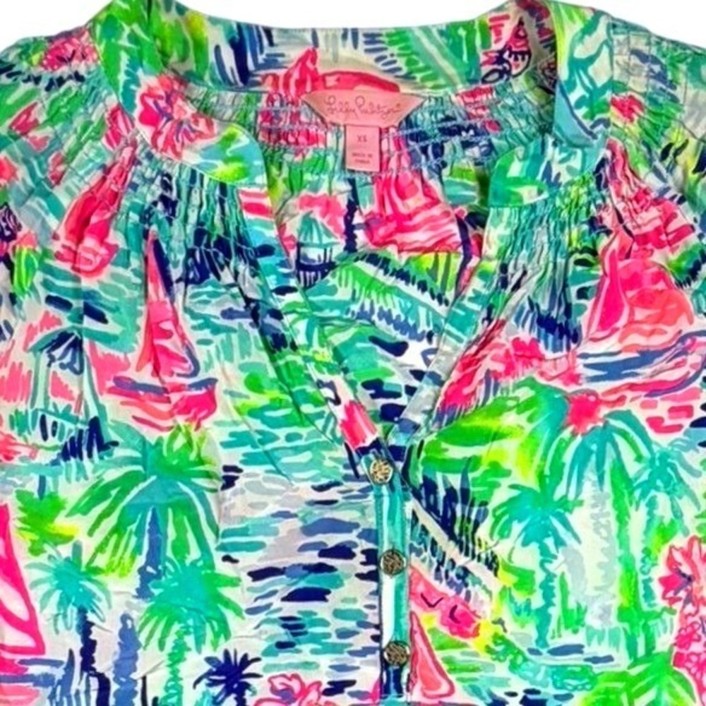 Lilly Pulitzer Elsa 100% Silk Blouse Women XS Multicolor Sailboat Tropical Print